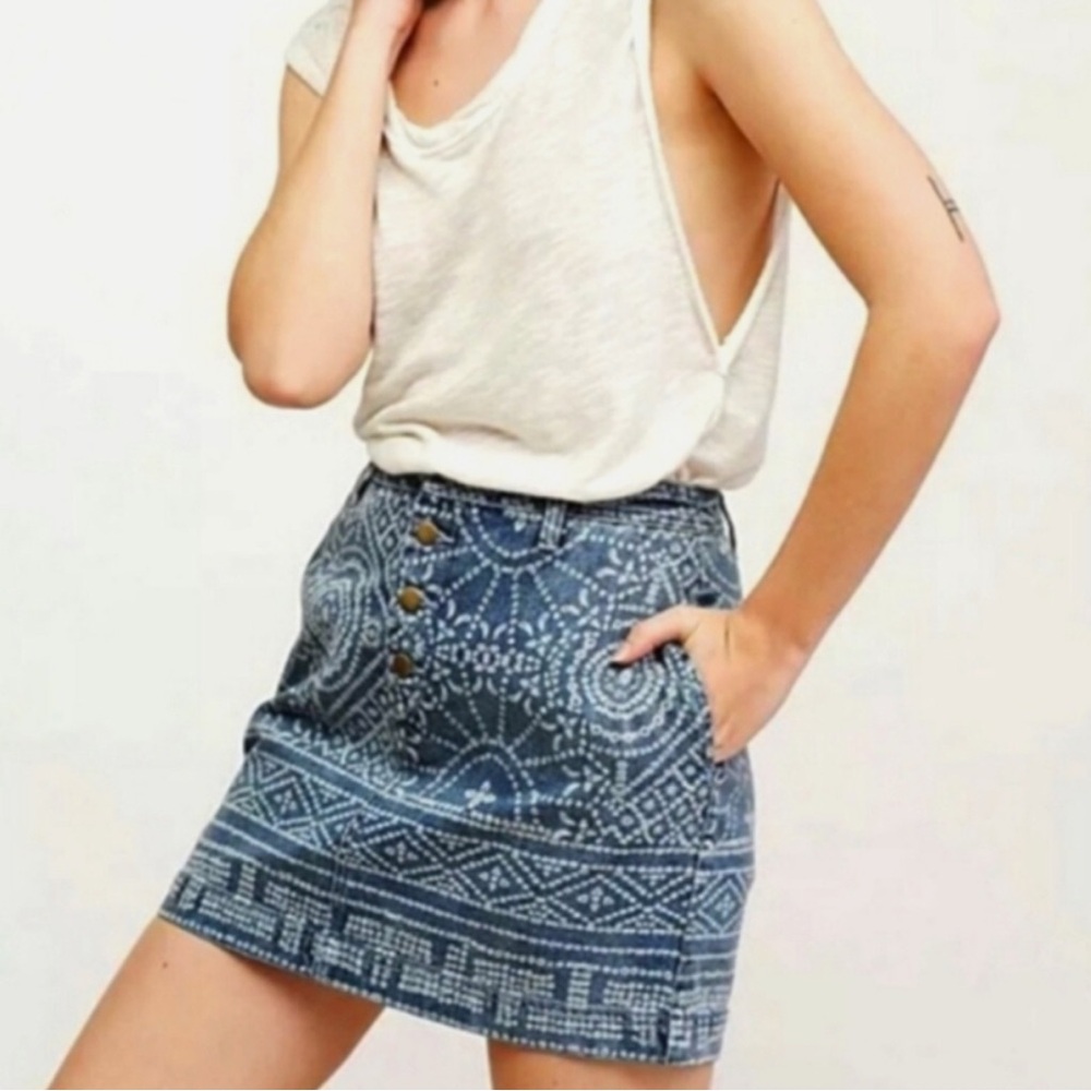 Free people School Daze Tribal Denim Mini Button Fly Skirt Size 0
